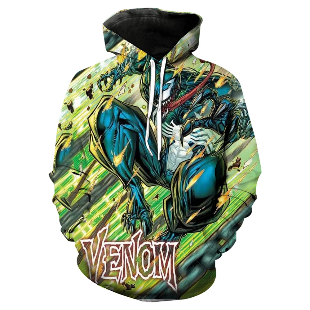 Venom Villain 3D Printed Full Body Long Sleeve Men\'s Hooded Sweatshirt, Teenage Street Casual Plus Size Men\'s Clothing