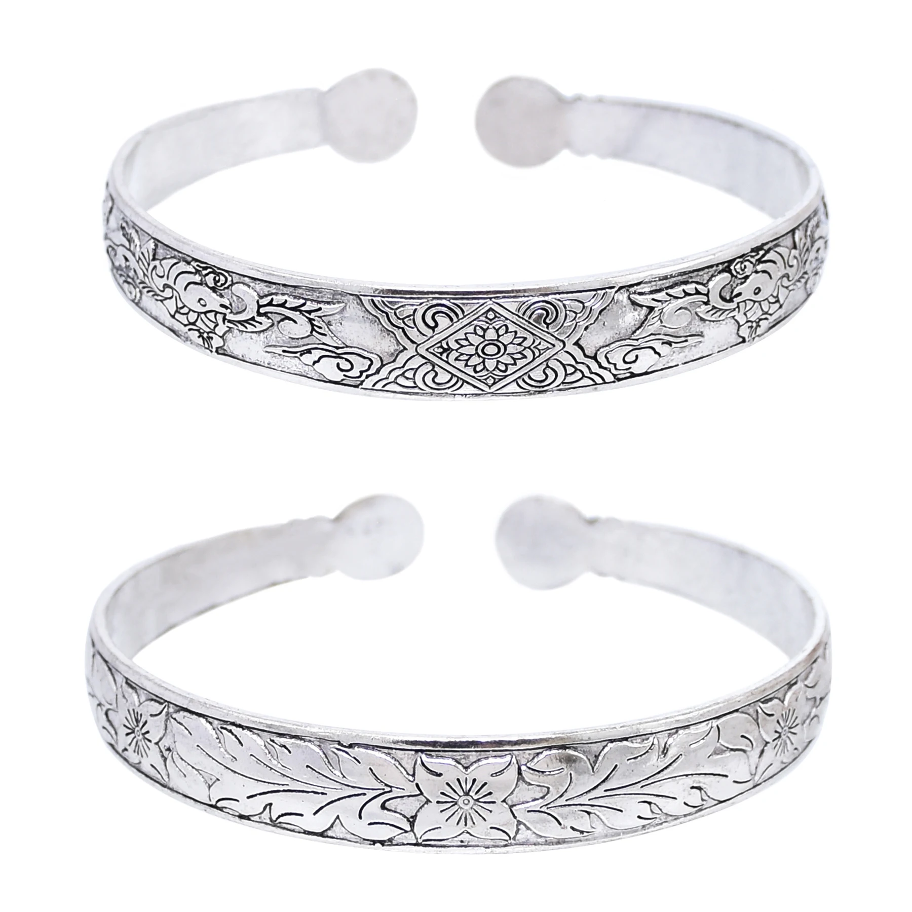 1 Cm Vintage Silver Color Carving Flower Cuff Bracelet for Women Traditional Indian Nepalese Tibetan Ethnic Open Bangle Jewelry