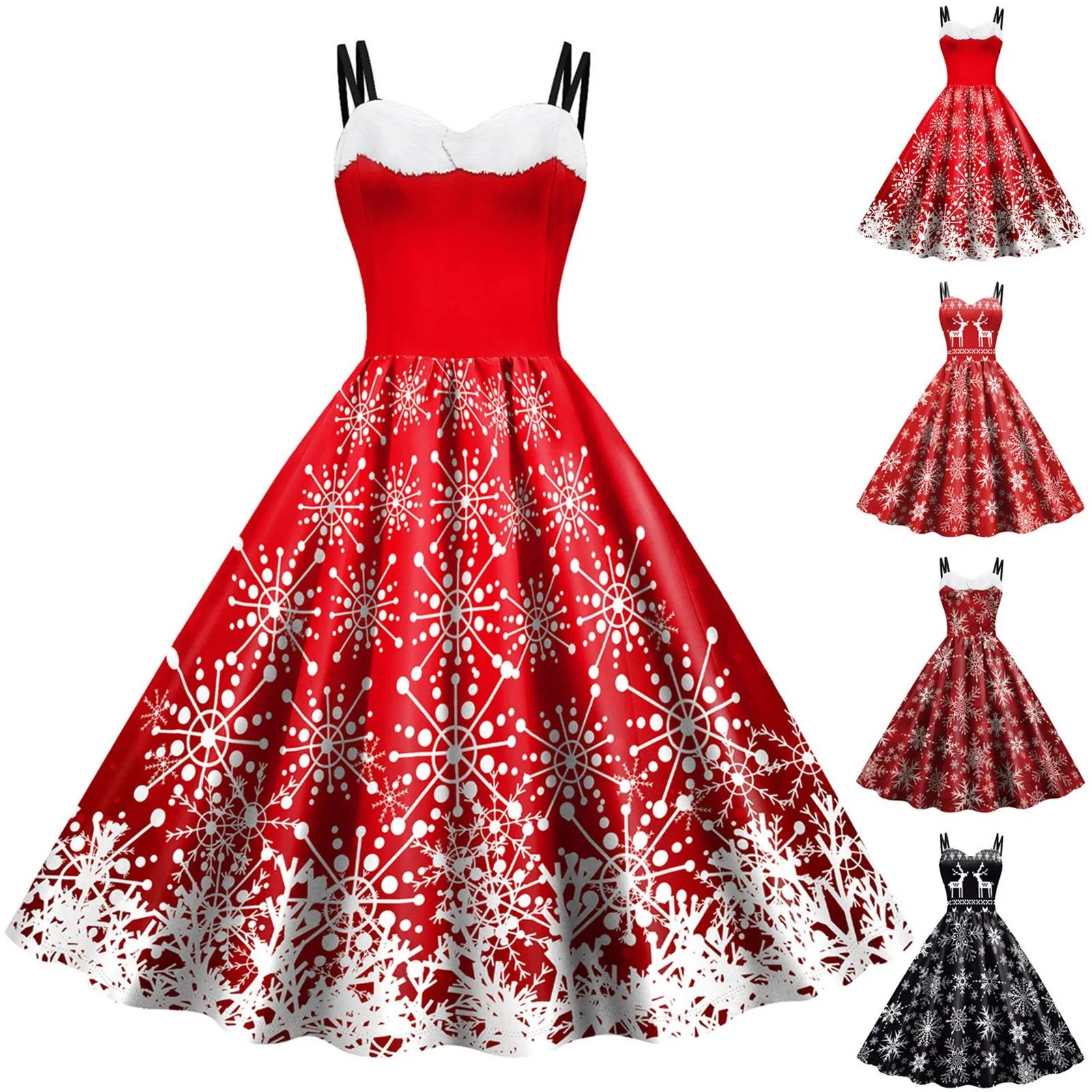 

Elegant Retro Vintage Hepburn Dress England Style Spaghettis Straps Elk Christmas Print Sexy Swing Costume Pinup Flare Tea Dress