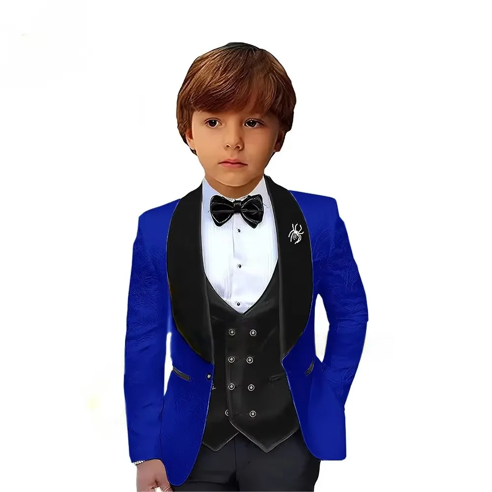 Royal Blau Jacquard Suit For Boy Kid Wedding Tuxedos Formal Wear Birthday Stage Performance Costumes 3PCS Blazer Vest Pants Set