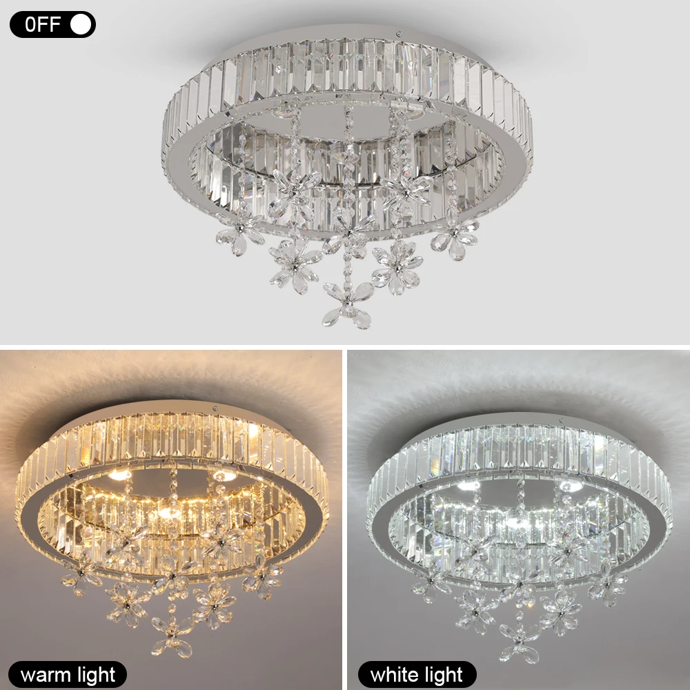LED Modern Round Crystal Ceiling Light Flush Mount Chandelier with Flower Pendants Prism Crystal Lamp for Living Room Bedroom Home Decor