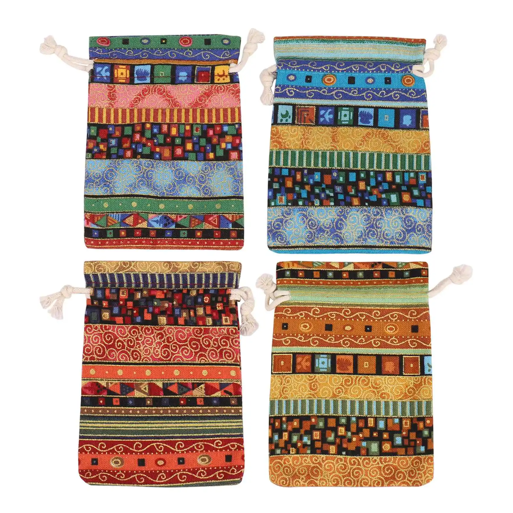A51M-12Pc Egyptian Style Jewelry Coin Pouch Print Drawstring Gift Bag Cotton Sachet Candy Travel Purse Ethnic