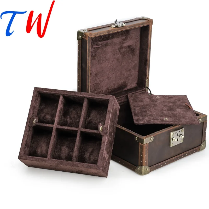 Classic Retro Rivet Watch Storage Case Box 6 Slots Watches Organizador Genuine Leather Watch Collection Case Customizable Logo