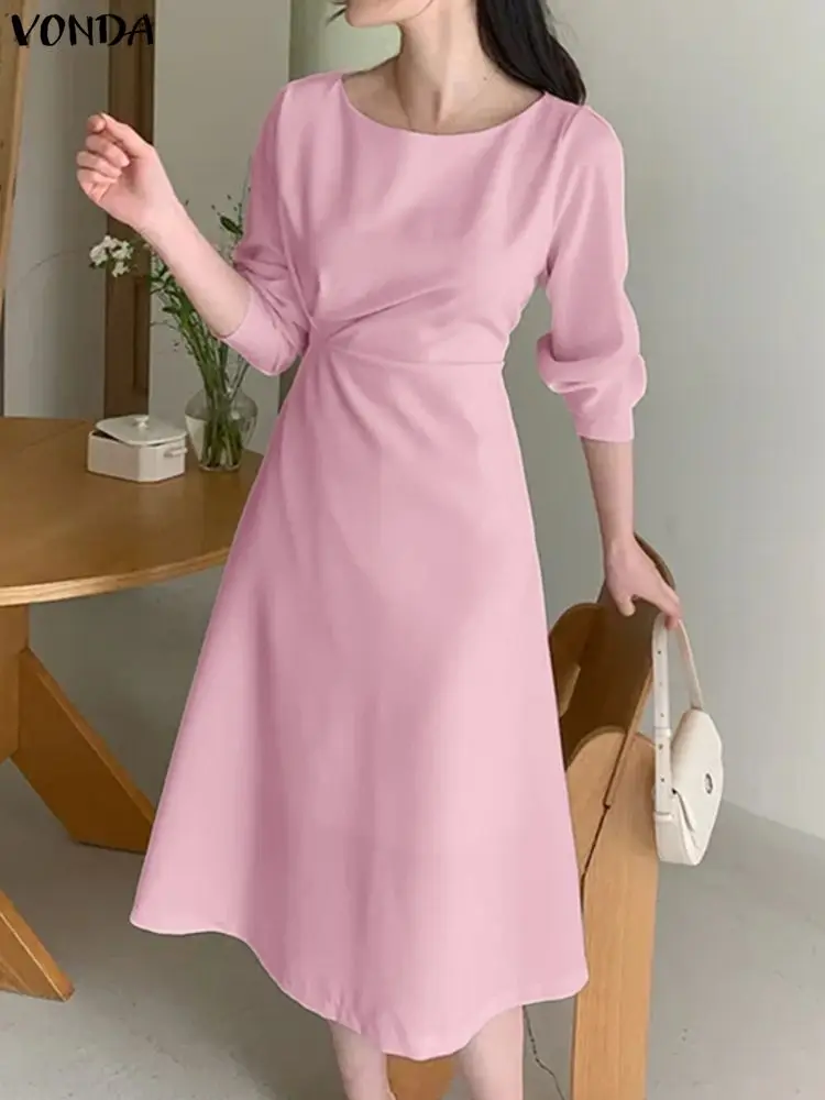 ชุดเดรสปาร์ตี้ VONDA รุ่น Elegant สำหรับผู้หญิง แขนยาว จับจีบ สีพื้น เสื้อเชิ้ตยาวแบบเดรส  แฟชั่นฤดูใบไม้ร่วง 2025 ชุดทำงาน