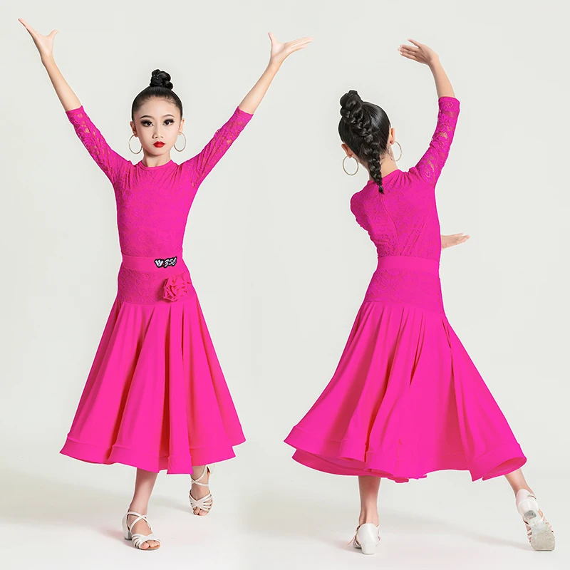 New National Standard Ballroom Dance Costume Girls Rose Red Latin Dance Dress Kids Party Performance Dancing Dresses SL9238