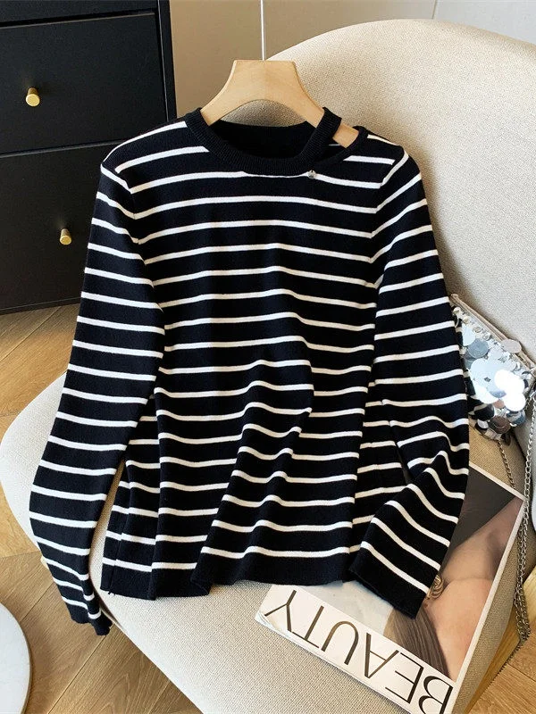 

Casual Korean Japanese Large Size Striped Sweater Women's Loose Design Versatile Artistic Knitted irt Daily Winter Long Sve