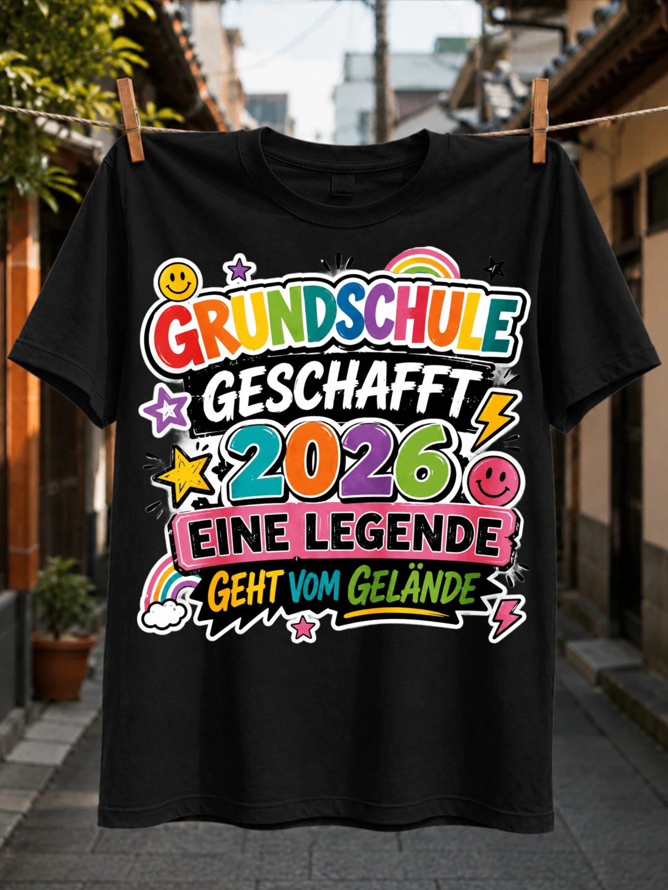German Grundschule Geschafft 2026 SM I LEY Faces Rainbows Stars and Lightning Playful Graduation  Unisex All T-Shirt