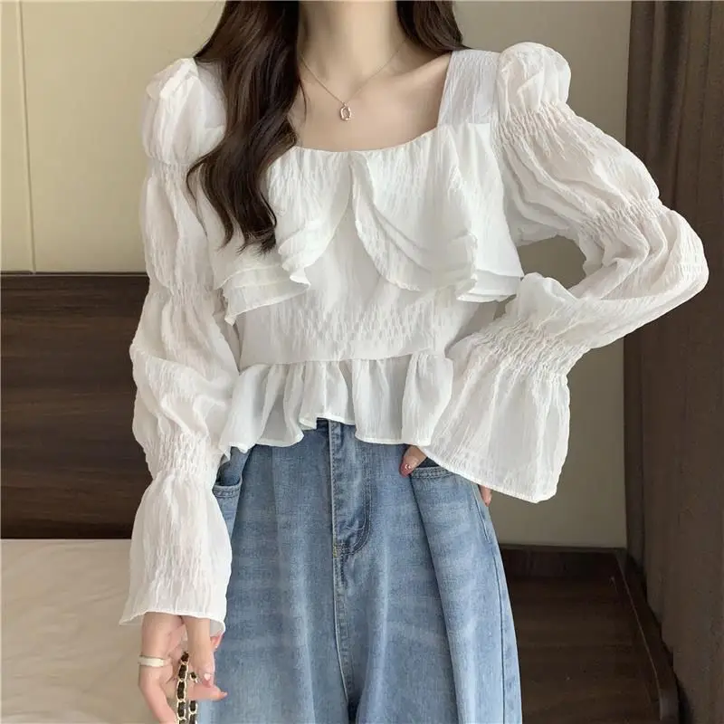 Sweet Solid Color Women\'s Clothing Ladies Fashion Patchwork Tops Spring Autumn Casual Pullovers Square Collar Pleated T-Shirts