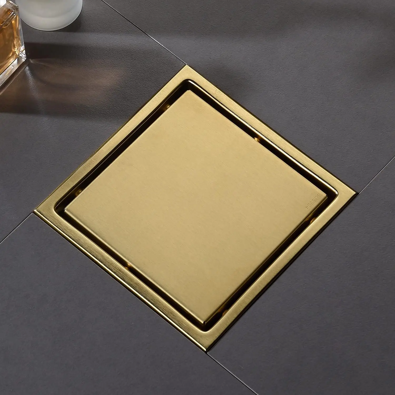 

Modern 6 Inch Brushed Golden Square SUS304 Stainless Steel Shower Drain With Removable Grille Cover And Tile Insert Hidden Form