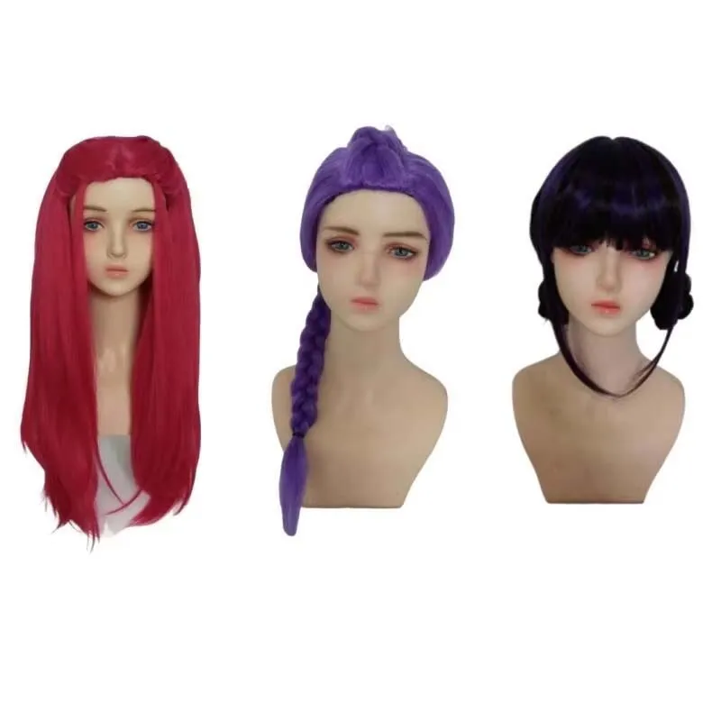 Pop Singer Purple Braid Wig Rose Red Long Synthetic Wig Black Double Bun Hairstyle Hair Halloween Cosplay Props