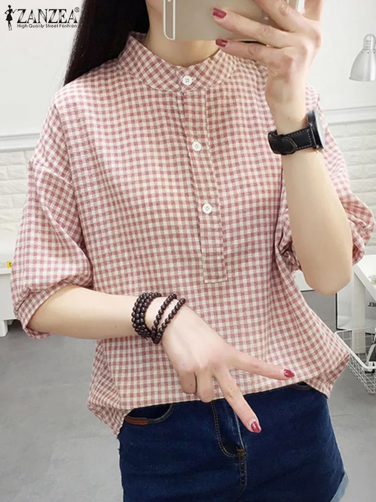 ZANZEA Summer Fashion O Neck Half Sleeve Blouse Women Plaid PChecked Shirt Female Elegant Work Blusas Casual Buttons Down Tops