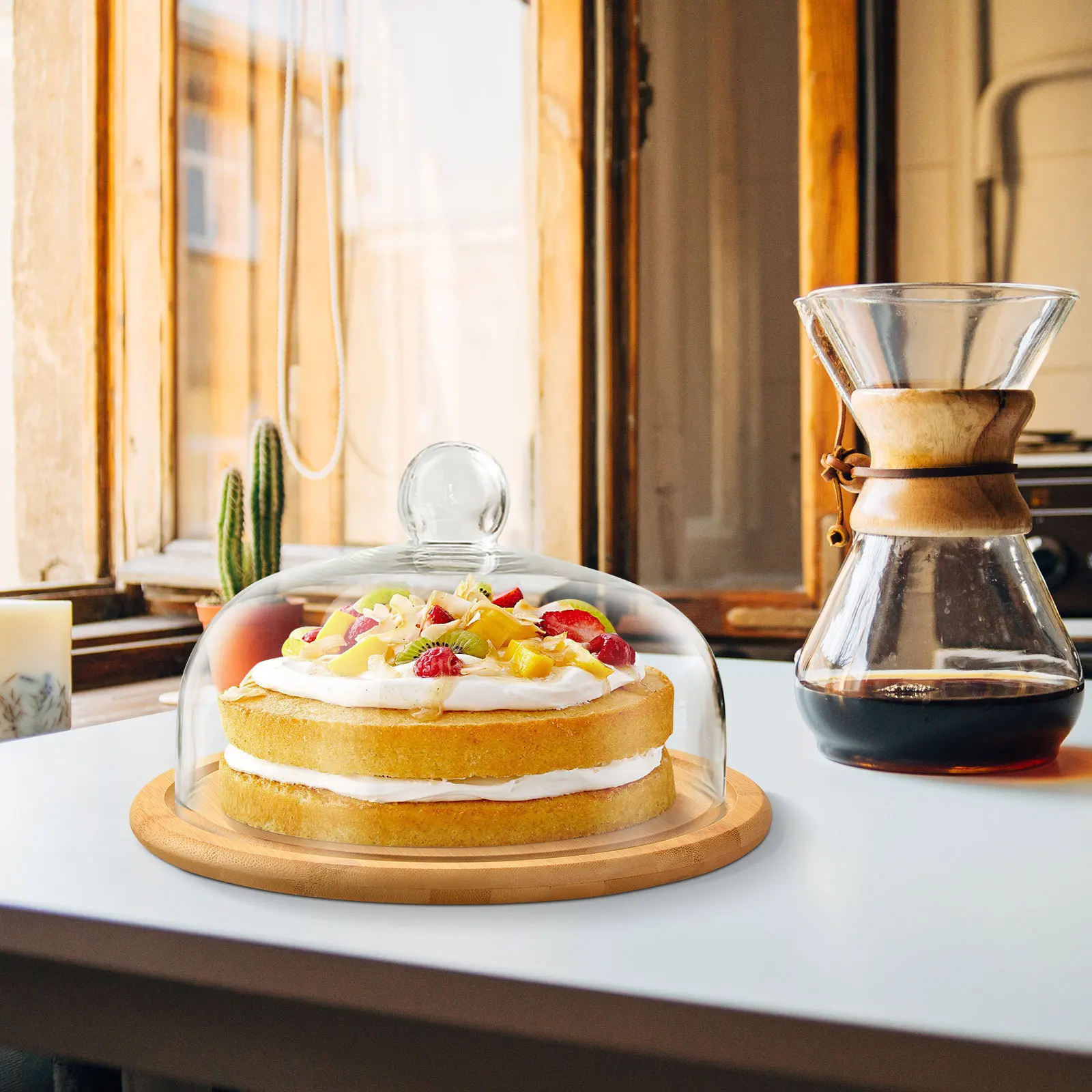 

1Set Cake Glass Dome Premium Wood Cake Plate Server Dessert Display Stand Pastry Display Food Safe Clear Storage
