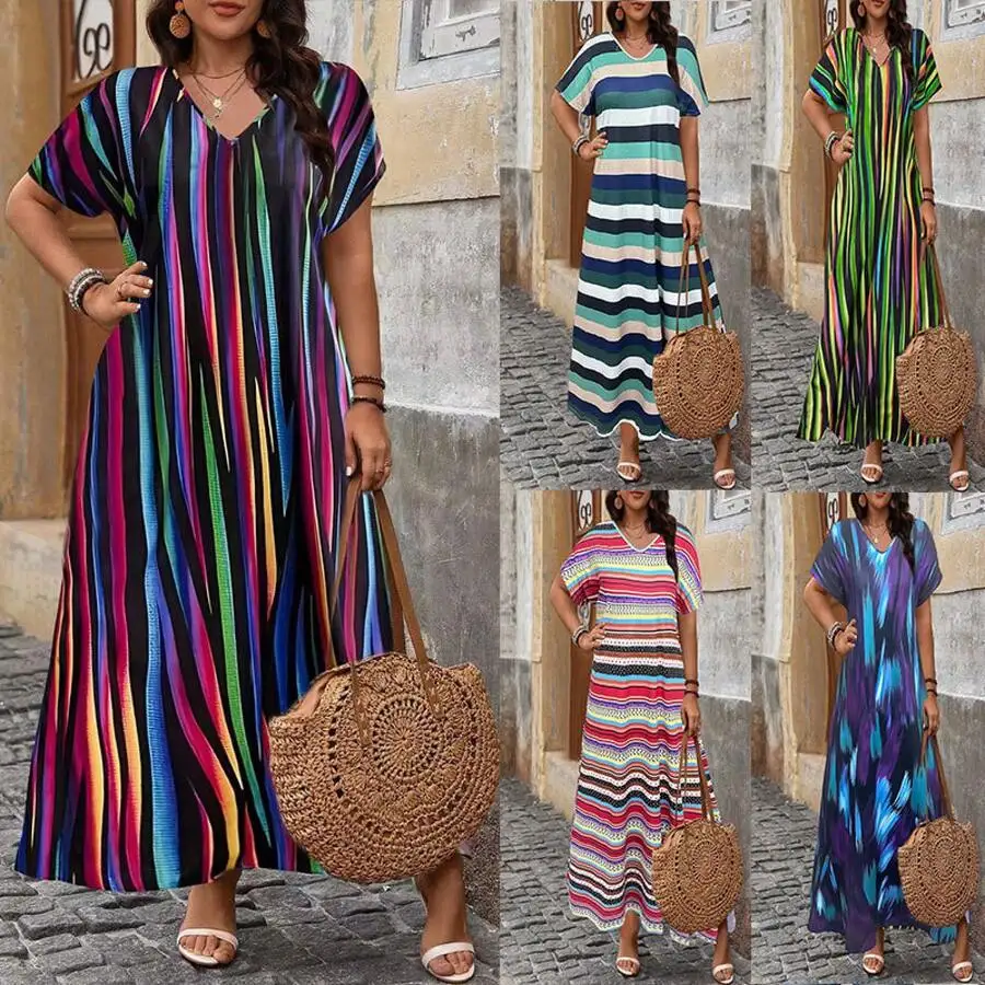 

Womens Plus Size Striped V-Neck Maxi Dress With Side Slit Casual Summer Boho Dress