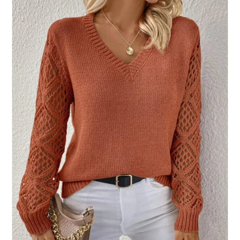 

Autumn And Winter Fashion V-neck Pullover Sweater Elegant Women's Casual Hollow Long Sleeve Knitted Solid Color Loose Sweater