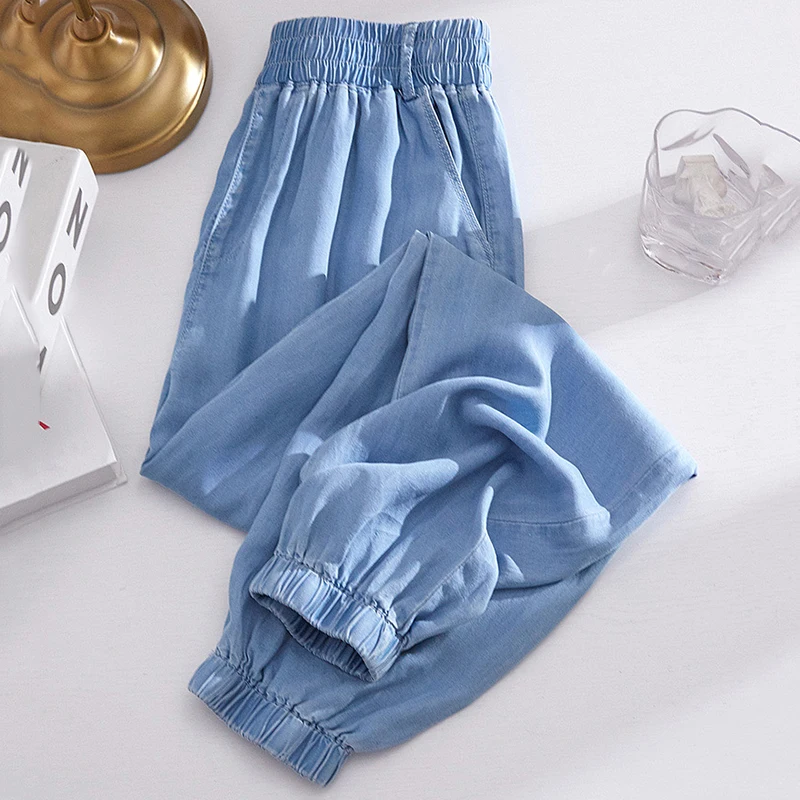 Oversized 145kg Summer Faux Harem Jeans Women Casual Ice Silk Thin Baggy Pantalones Korean Fashion Elastic High Waist Denim Pant