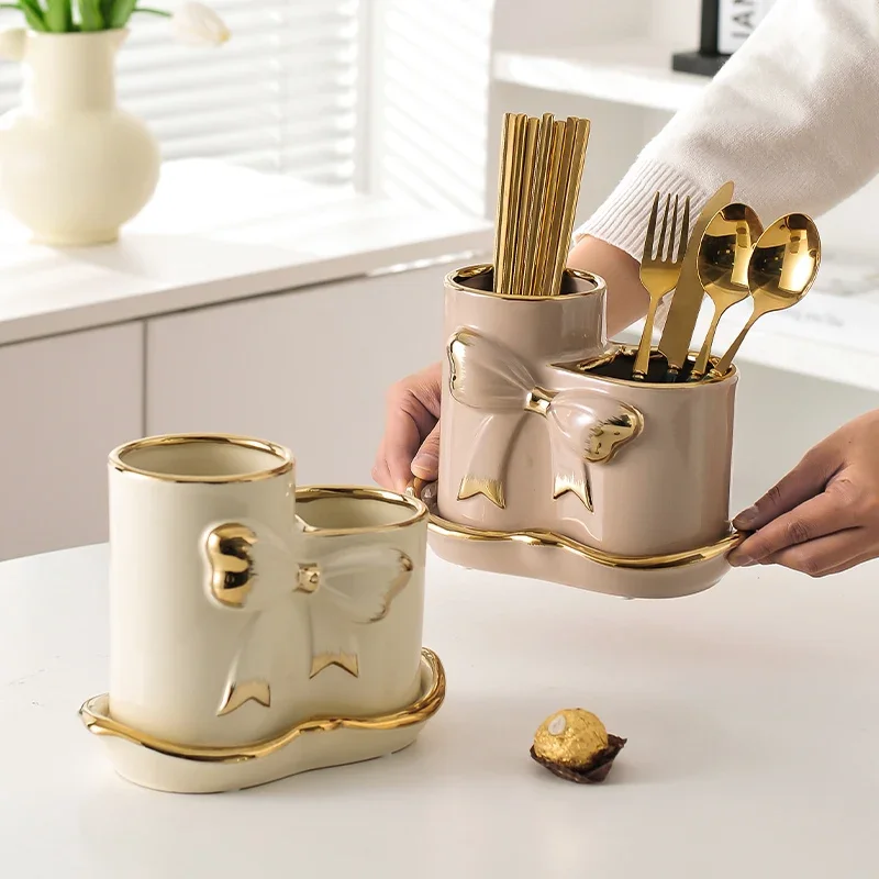 Ceramic Cream Wind Bow Tie Tableware Storage Holders Kitchen Tableware Drain Chopsticks Rack High-end Table Chopsticks Boxes