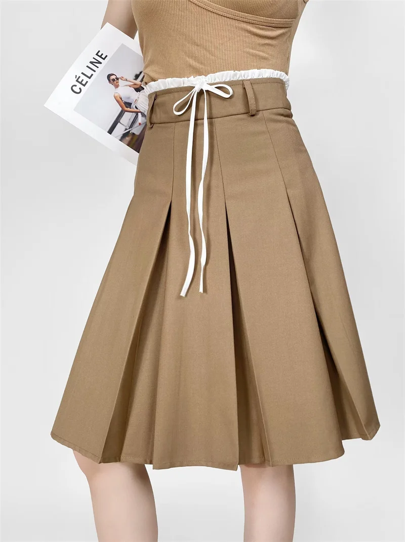 KEYANKETIAN 2024 New Women's Wide Pleated Skirt Preppy Style Patchwork Drawstring Lace Up High waist A Line Knee-Length Skirt