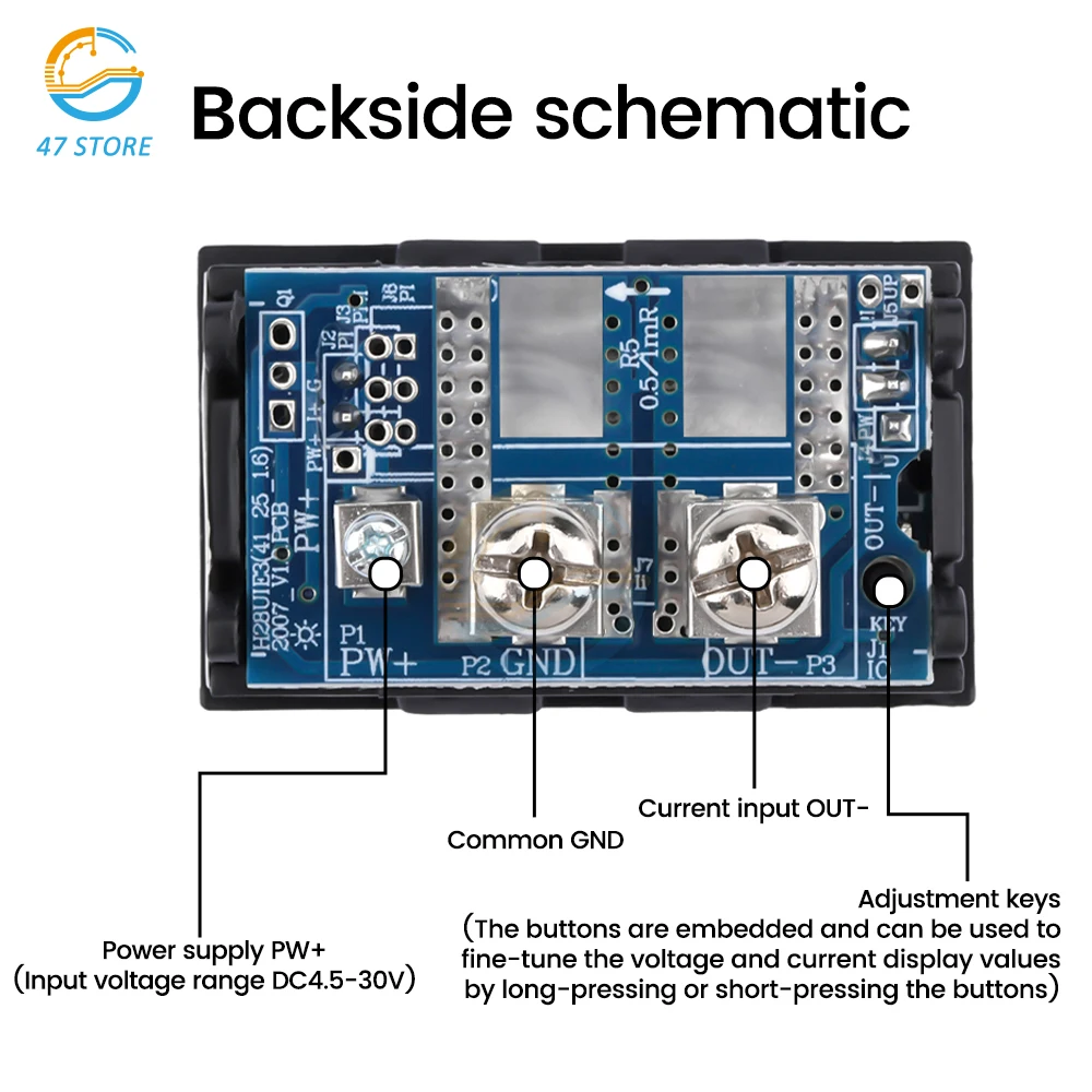 Imagem -05 - Voltímetro Digital com Display Led Duplo Amperímetro Derivação Embutida com Aparador Medidor de Tensão 028 dc 4.530v 30a 50a Azul de Dígitos e Vermelho