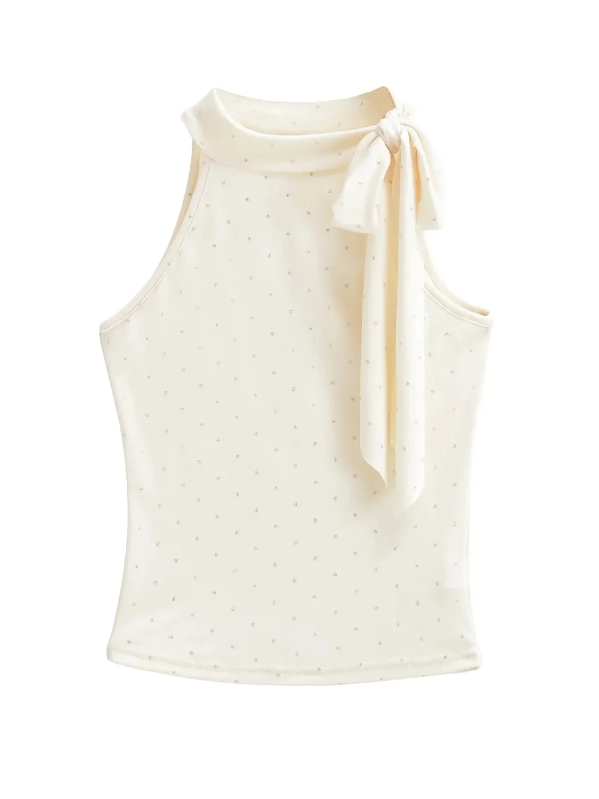 Silver Heat Transfer Polka Dot  Knot Waist Slim Vest Women Summer No Sleeve Tie Waist Curvy Fit Short Length Top
