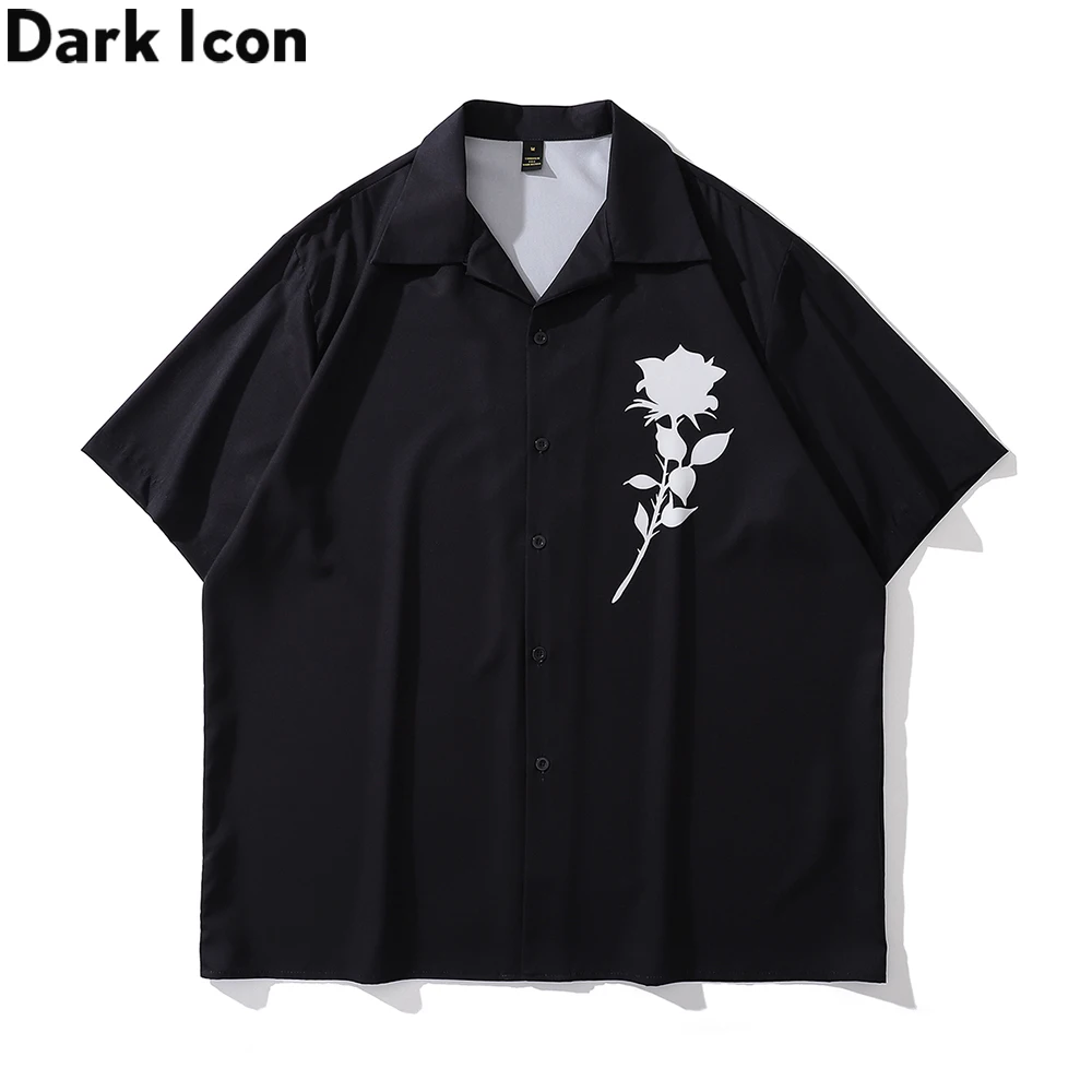 Dark Icon White Floral Black Shirt Men Summer Cuba Collar Vintage Street Men\'s Shirt Male Top