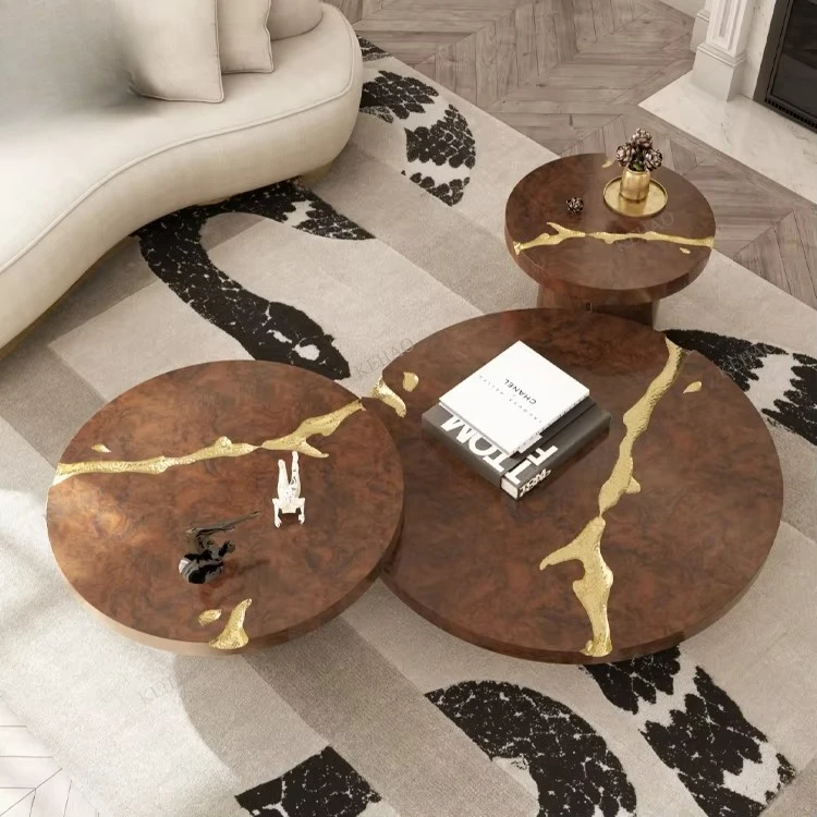 Modern Luxury Burl Wood Coffee Table with Gold Brass Inlay Round Nesting Table Set for High-end Living Room Villa Furniture