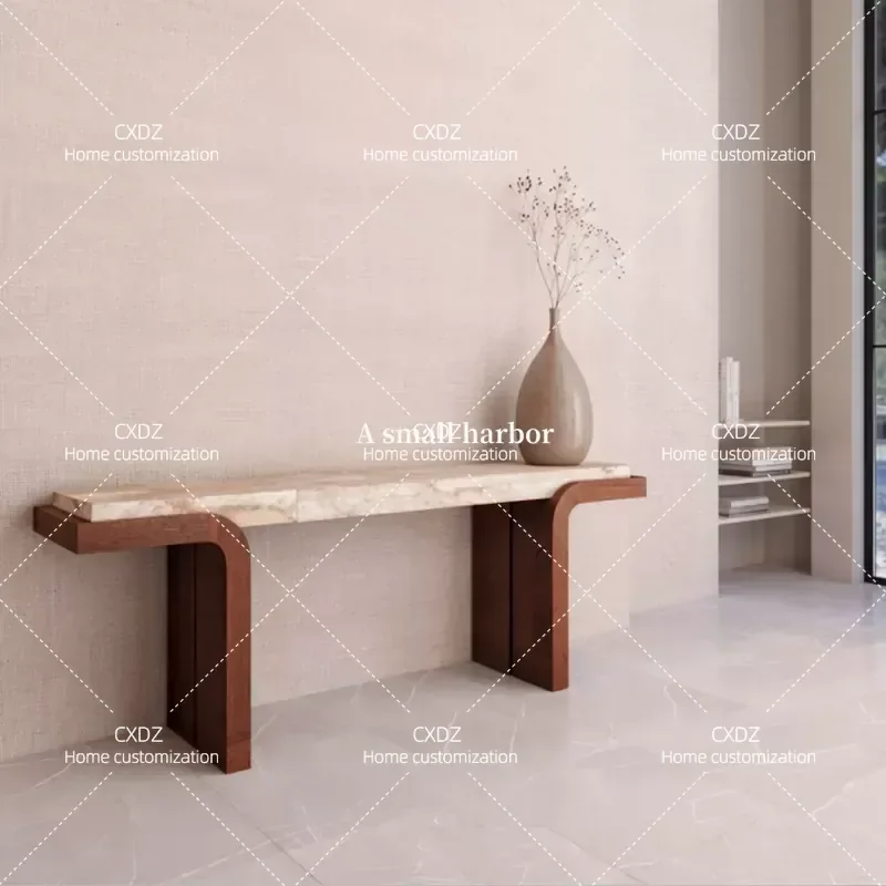 Solid Wood Travertine Entryway Console Table Light Luxury Wabi Sabi Style Living Room Corridor Floor to Ceiling Display Shelf