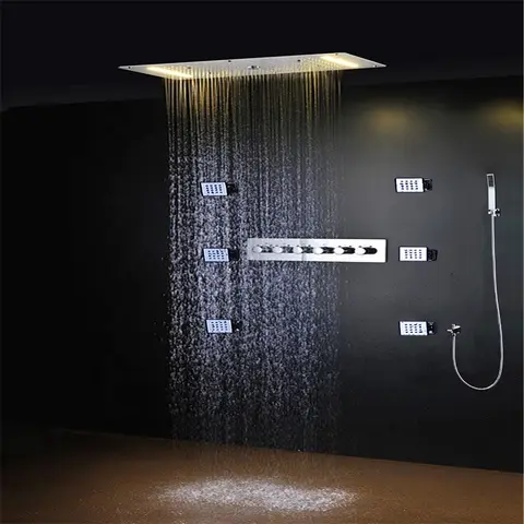 Bathroom LED Thermostatic Shower Set 304 Stainless Steel Rainfall Waterfall Misty Ceiling Shower Faucet Head With Body Jets Set