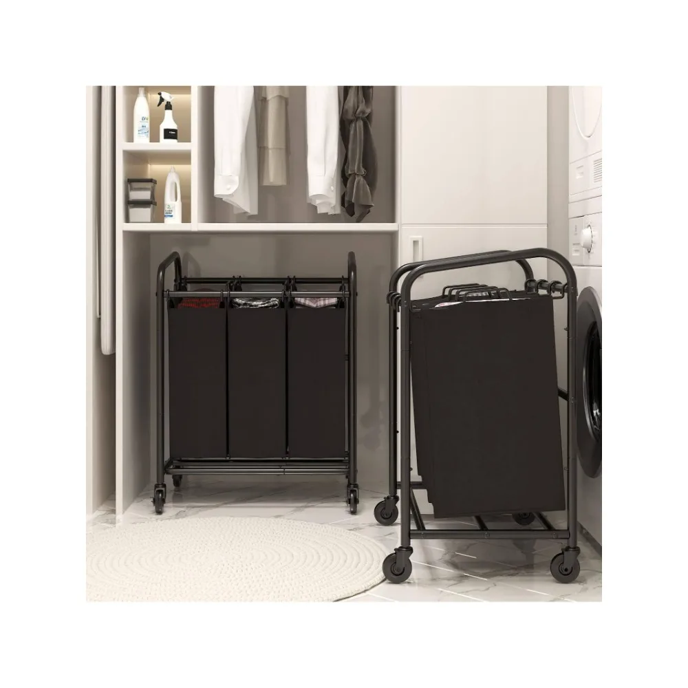 

3 Bag Laundry Basket Sorter Laundry Hamper Cart With Heavy Duty Rolling Lockable Wheels And Removable Bags (Black)