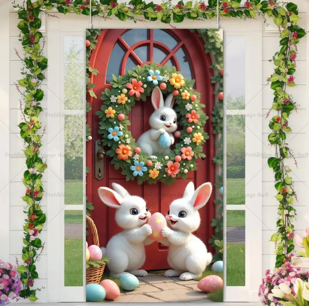Happy Easter Cute Bunny Theme Background Fantasy Spring Wreath Door Cover Bunny Dog Flower Eggs Baby Party Decoration Gift Prop