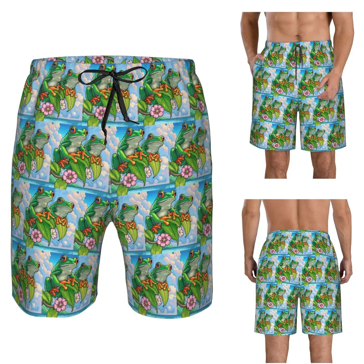 Cartoon Jungle Frogs Trunks Beach Board Shorts Casual Quick Dry Swim Summer Men Pants