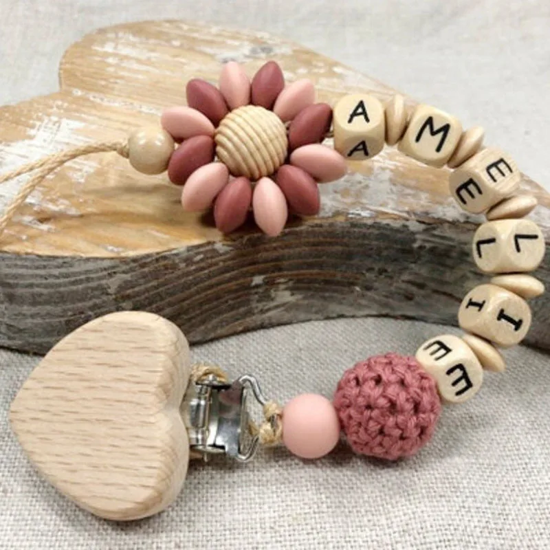 Custom Name Silicone Beads Wooden Ring Pacifier Clips Safe Teething Chains Baby Teether Eco-friendly Dummy Beech Clips Holder