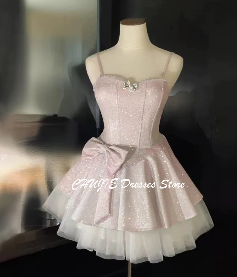 Luz rosa uma linha vestido de princesa mini vestidos de cocktail para mulheres vestidos graduación personalizado glitter vestido de aniversário personalizado