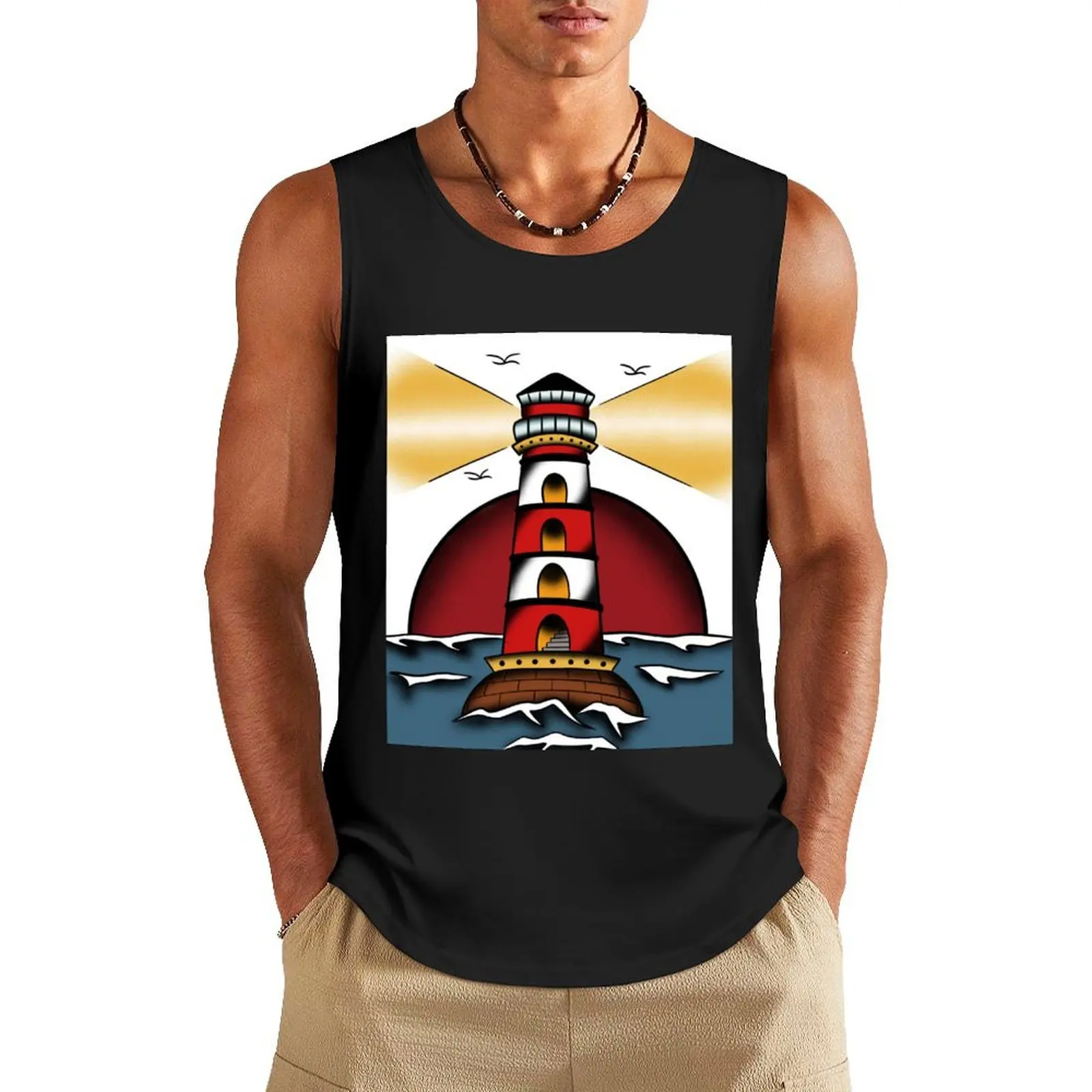 

Lighthouse Traditional Nautical Tattoo Design Tank Top Vest male gym t-shirts man Japanese t-shirt