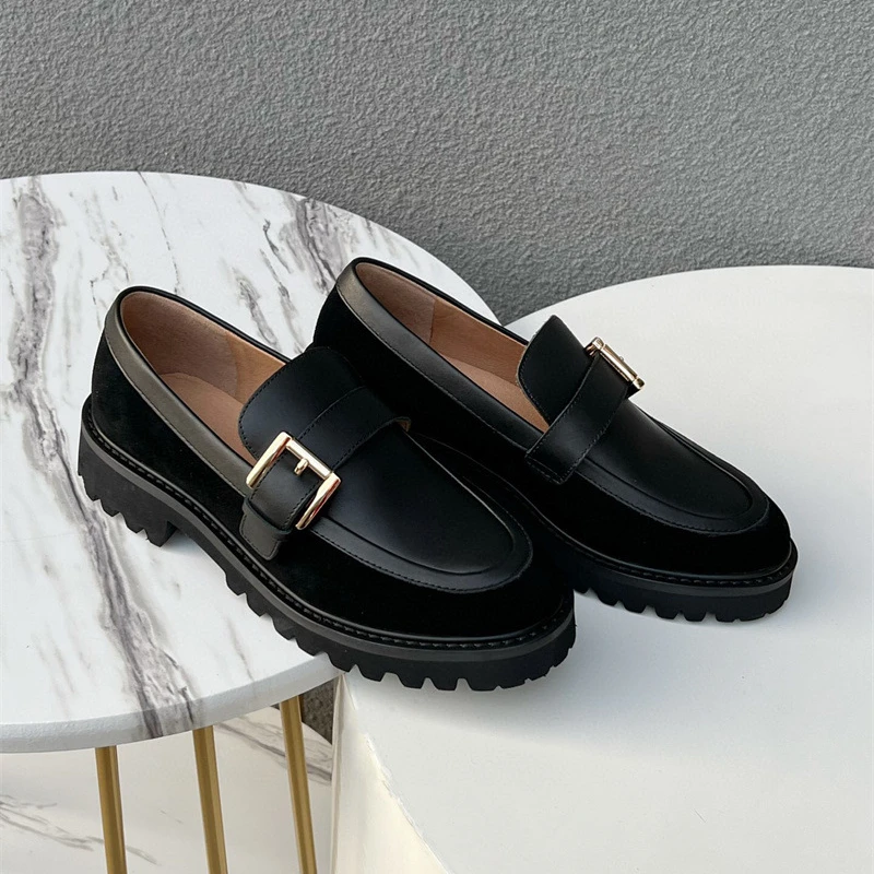 2023 Spring Niche Leather Metal Buckle Thick-soled Muffin Bottom Contrast Color Slip-on Loafers for Women