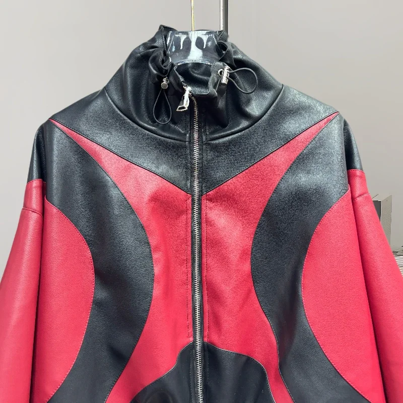 Autumn Korean Contrast Color Short Faux PU Leather Jacket Casual Stand Collar Drawstring Hem Long Sleeve Biker Jacket Streetwear