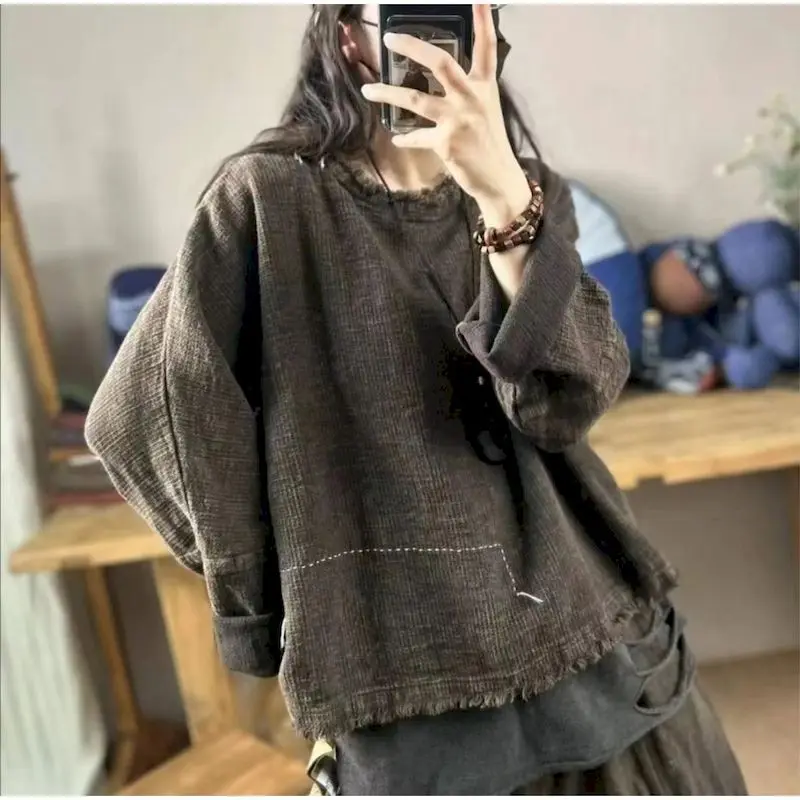 Vintage Personalized Pullovers Women Old Cloth Coarse Hemp Embroidery Tops Thread Ragged Long Sleeve T-shirt Spring Autumn Top