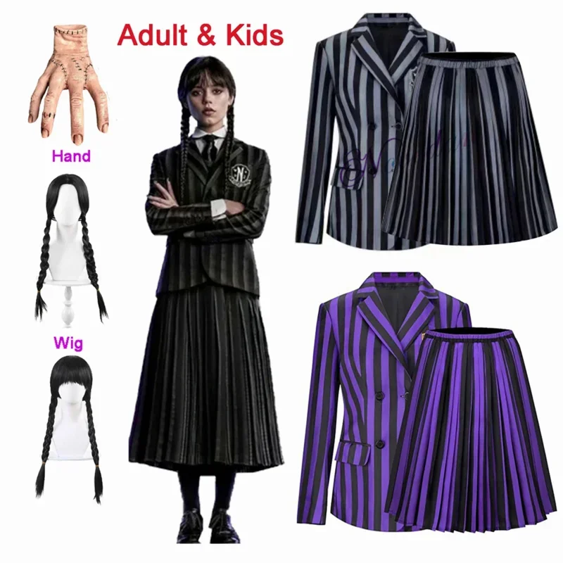 Addams Wednesday Halloween Costume Kids Girls Adult Family Birthday Party Nevermore Academy Uniform Clothes Hand Wig Cosplay