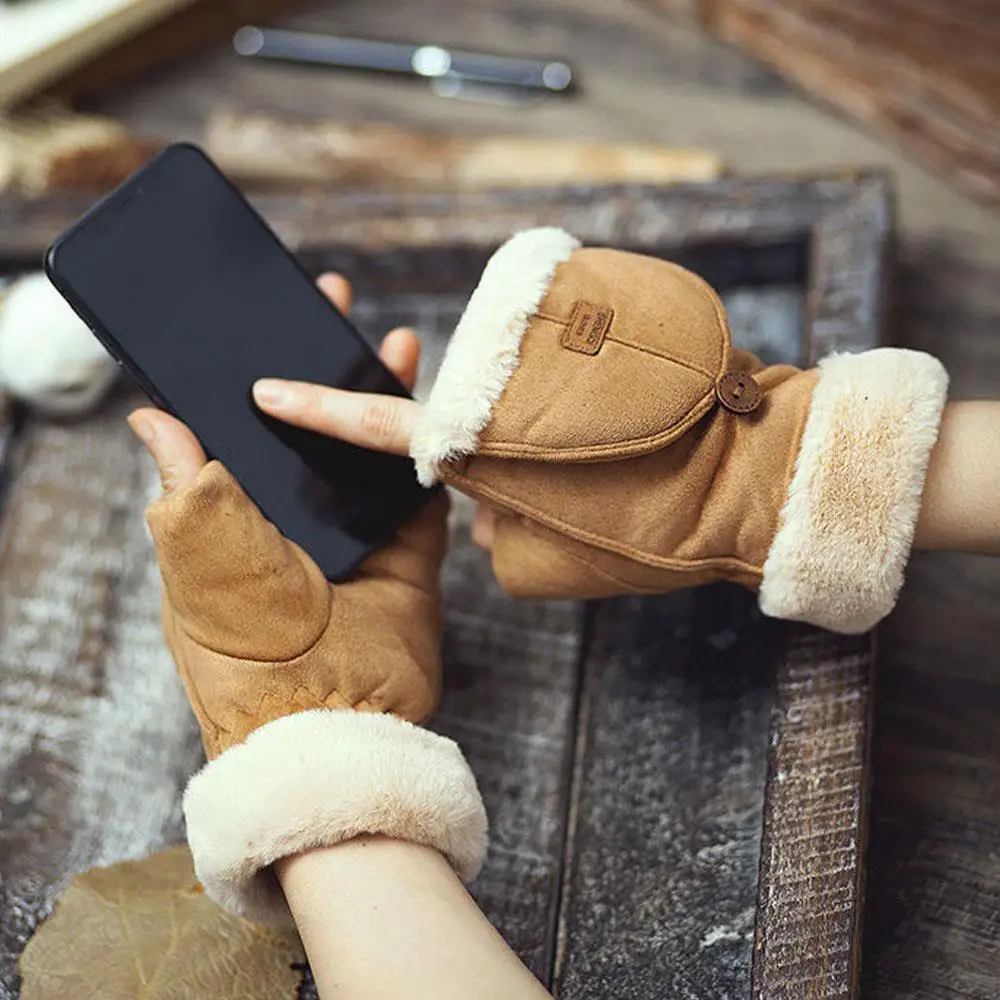 1 Pairs سميكة الوجه غطاء الجلد المدبوغ قفازات الشتاء الكتابة طالب أصابع قفازات الباردة واقية الحرارية القفازات الصوف قفازات مبطنة