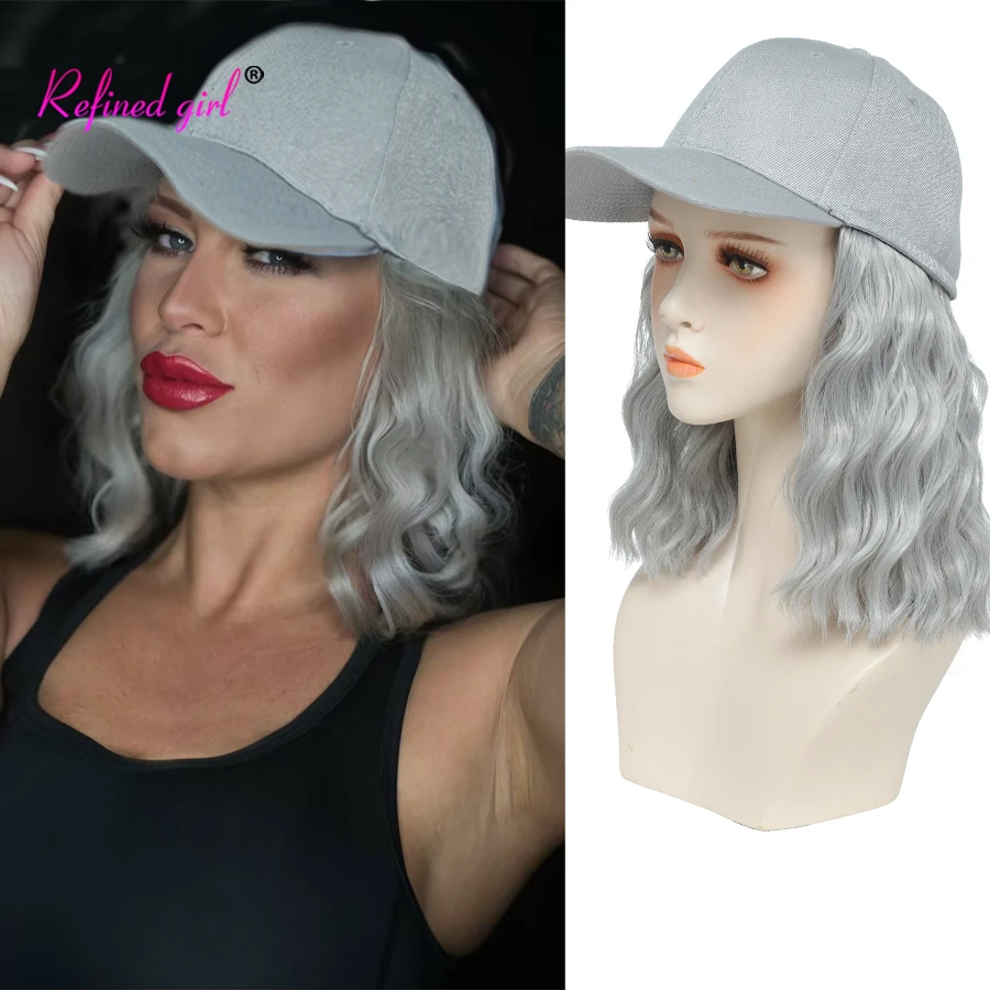 Bob Wig Baseball Cap with Short Wavy Hair Extension Attached for Women Adjustable White Black Synthetic Heat Resistant Fiber Wig