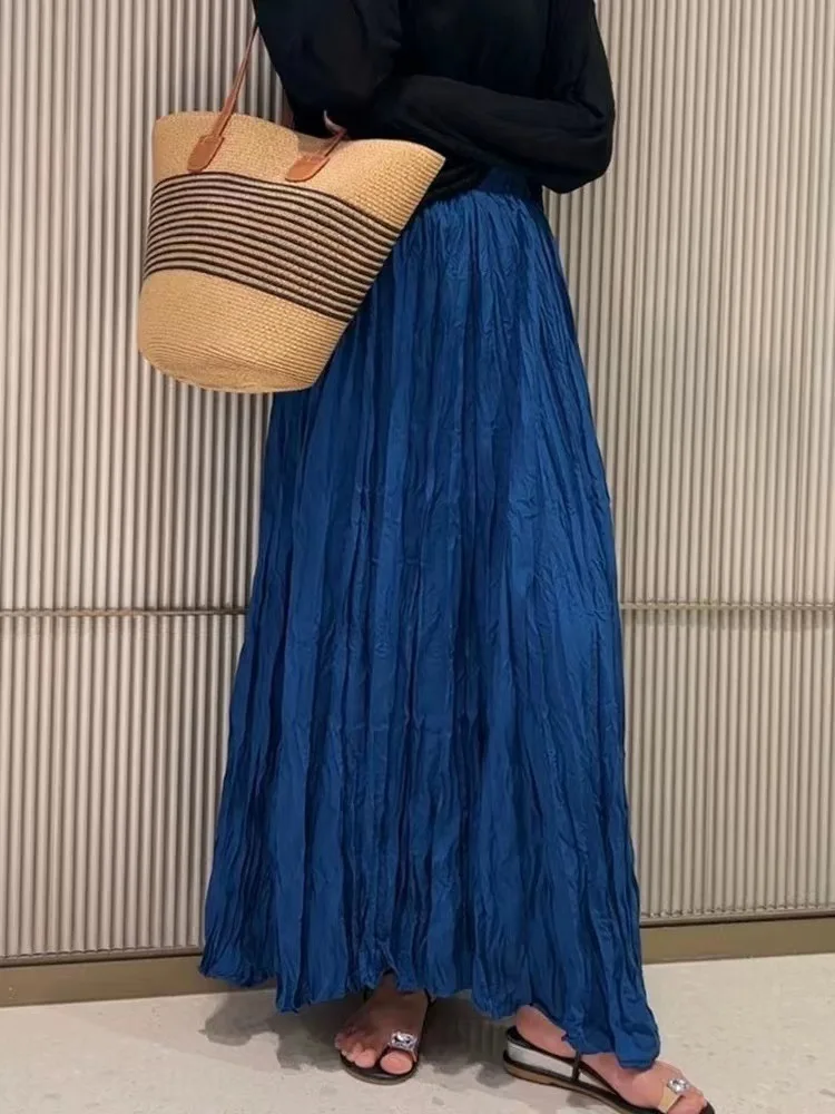 

Women Spring Summer Solid Color High Waist Pleated Long Skirt 2025 Female Simple Trendy Wrinkles Casual A-line Faldas