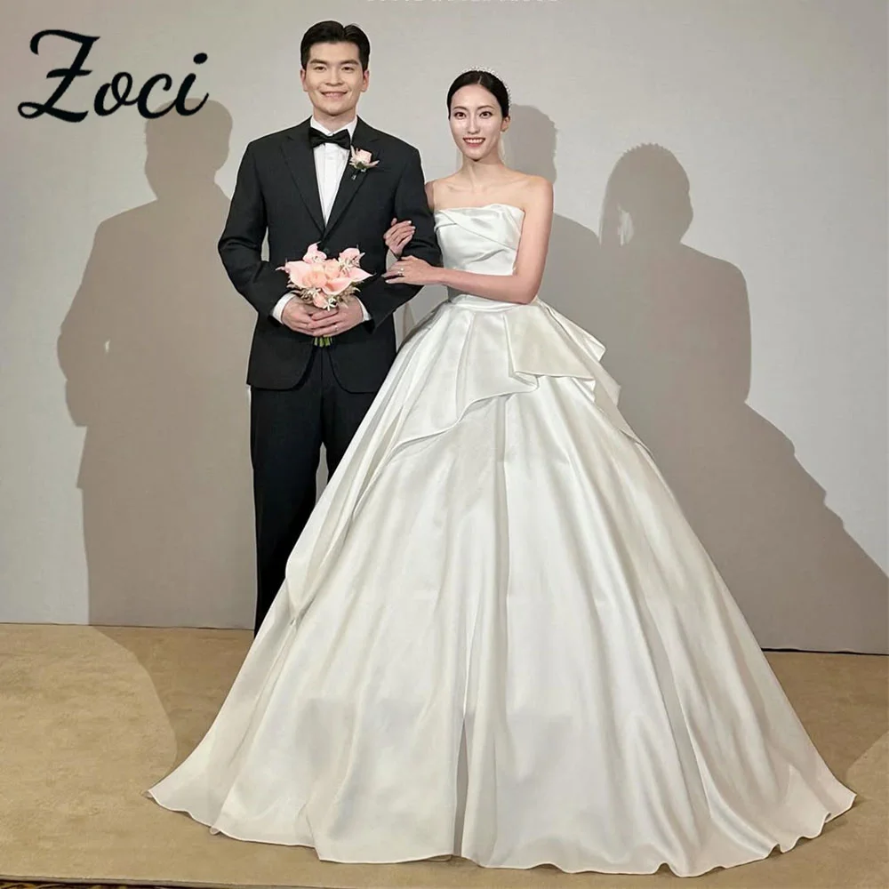 

Zoci Elegant Strapless A Line Satin Wedding Dresses Korean Customized Photos Shoot Bride Dress Long Ruffles Tiered Bridal Gown