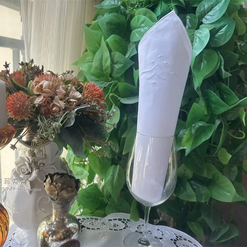 4PCS White Cotton Embroidered Napkin Handkerchief
