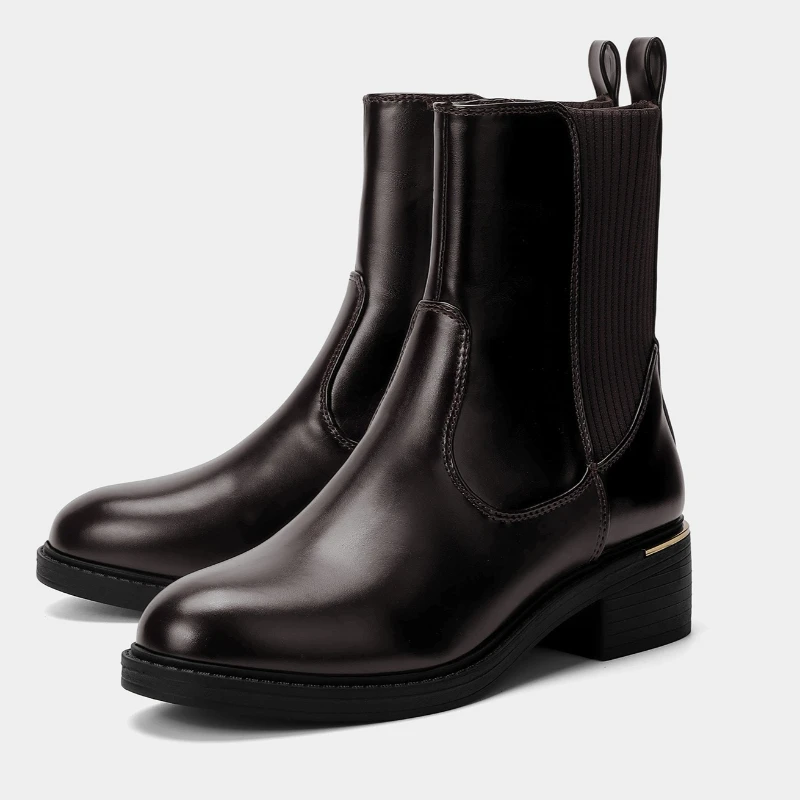 

Fashion Metal Decoration Chunky Heel Ankle Boots for Women British Style Round Toe Winter Boots Luxury Designer Stretch Boots