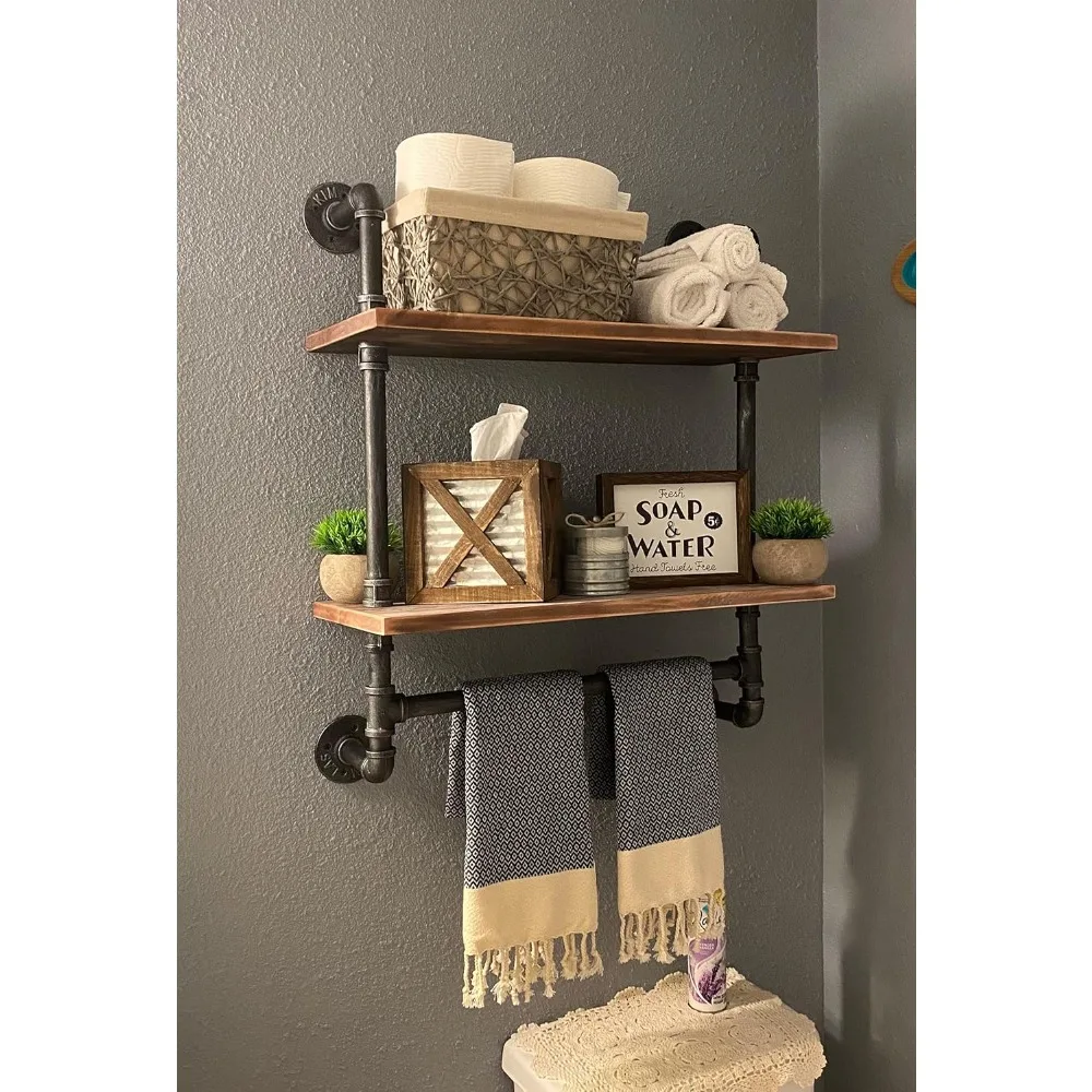 

Industrial Pipe Style Wall Mounted Floating Shelves - 2-Tier 24 Rustic Wood Bathroom Shelf with Towel Rack