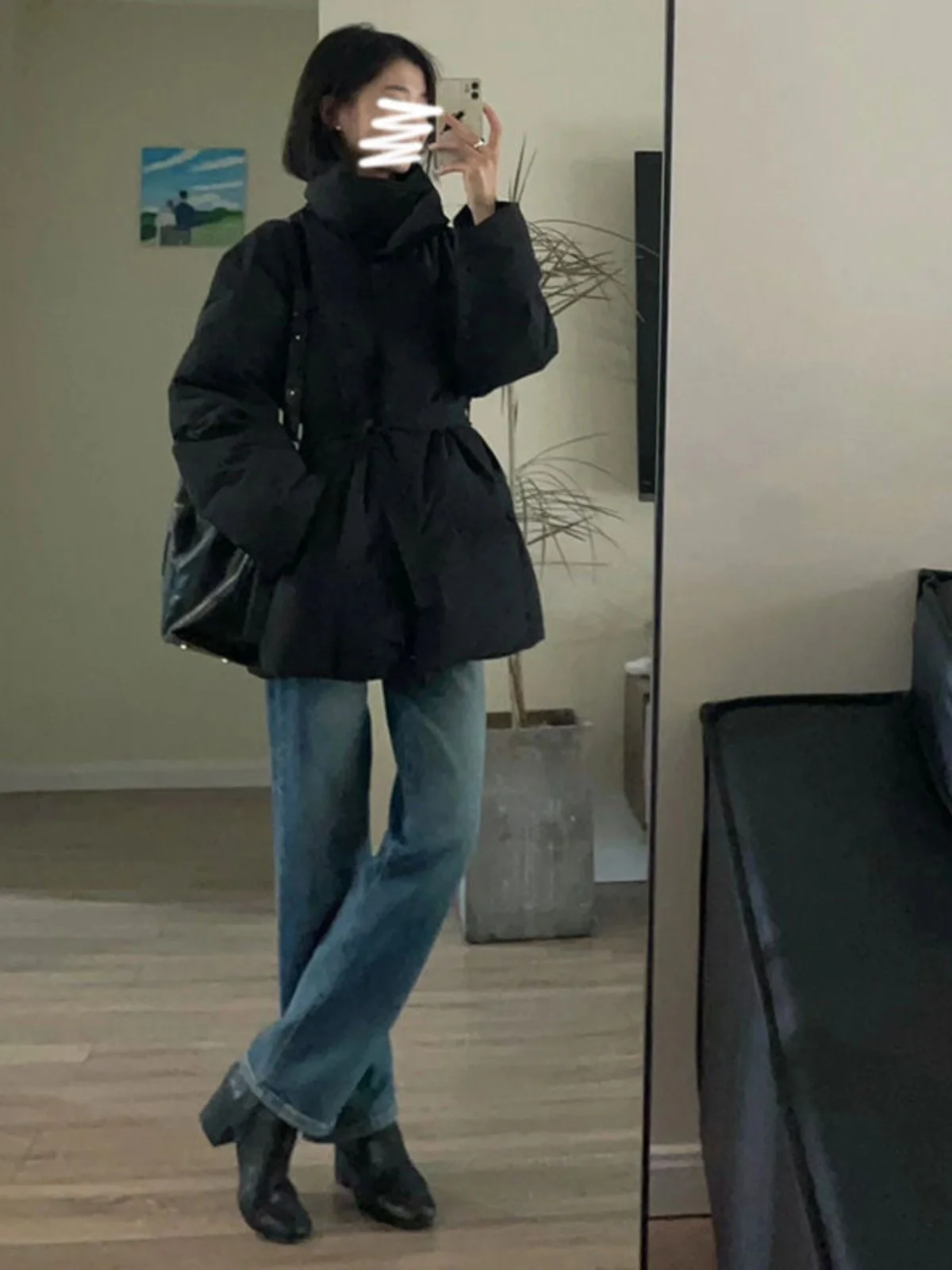 

Корейская короткая черная хлопковая куртка в корейском стиле, женская зимняя модная новинка, свободная куртка-пуховик с длинными рукавами и воротником-стойкой