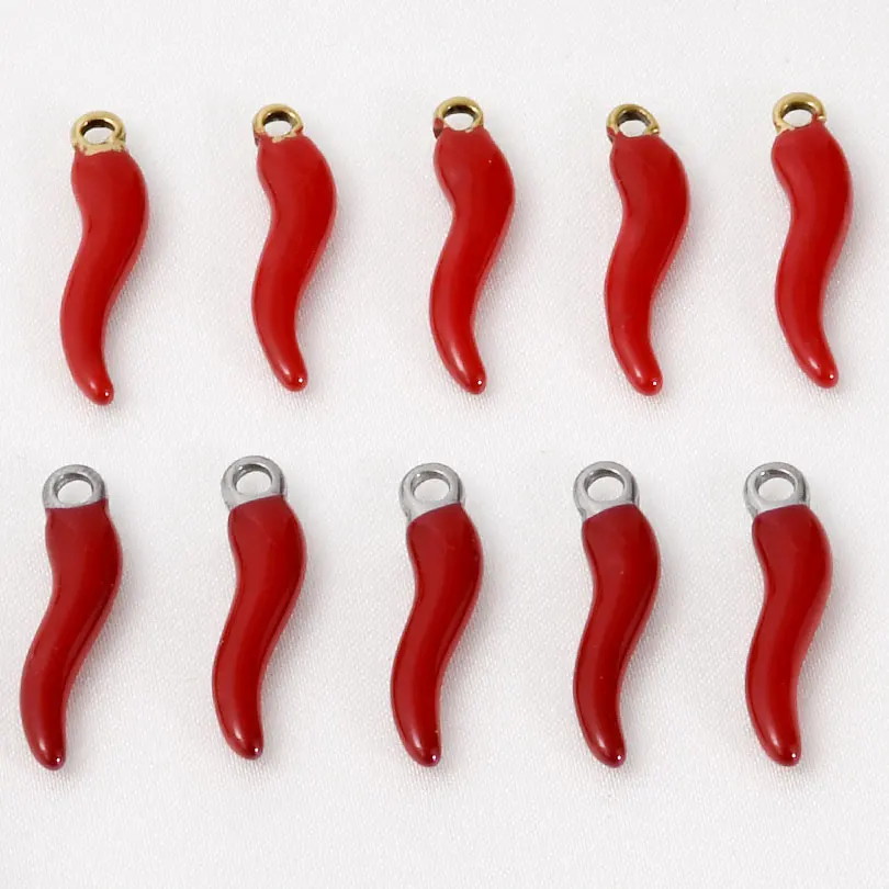10pcs Red Chili Enamel Charms Stainless Steel Oil Drip Pepper Pendants For Diy Crafting Earring Bracelet Necklace Jewelry