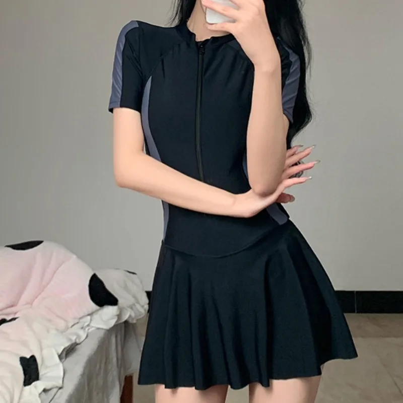 Cover-ups Women Summer Girls Simple Casual Daily Zippers Design Short-sleeve One-piece Korean Style Trendy Prevalent Personality
