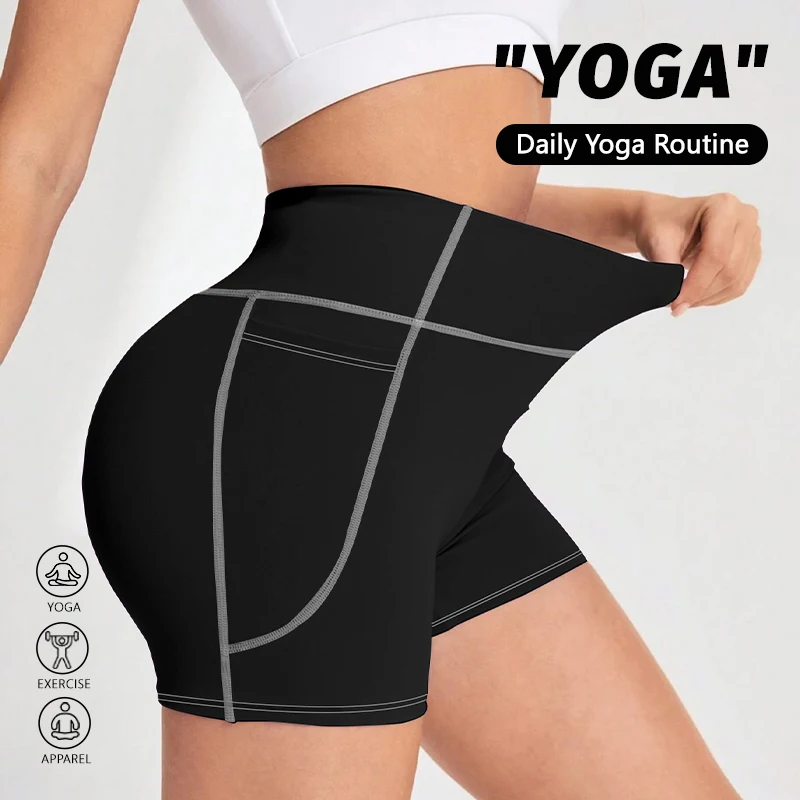 Women High Waist Solid Color with Side Pockets Sports Shorts Push Up Hip Lifting Lightweight Running Gym Tennis Workout Shorts
