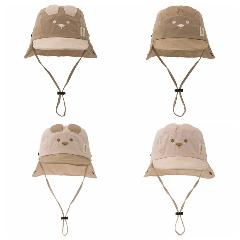

New Cartoon Bear Ear Summer Baby Hat Embroidery Neck Protection Fisherman Hat Quick Dry Breathable Kids Panama Hat Boys Girls