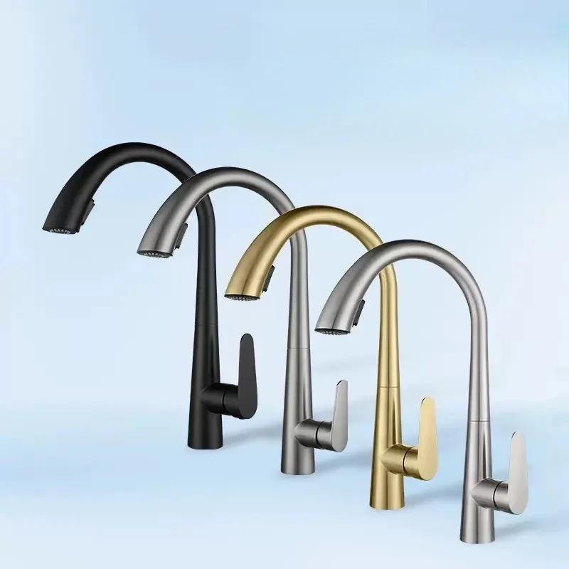 Kitchen Hot and Cold Faucet Pull-Out Stainless Steel Dual Outlet Sink Faucet Mixer Tap 360-Degree Rotatable Kitchen Faucet